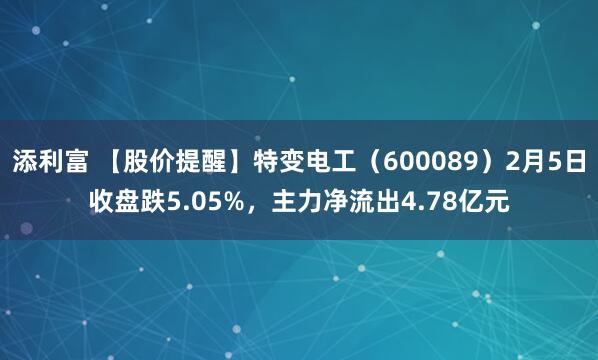 添利富 【股价提醒】特变电工（600089）2月5日收盘跌5.05%，主力净流出4.78亿元